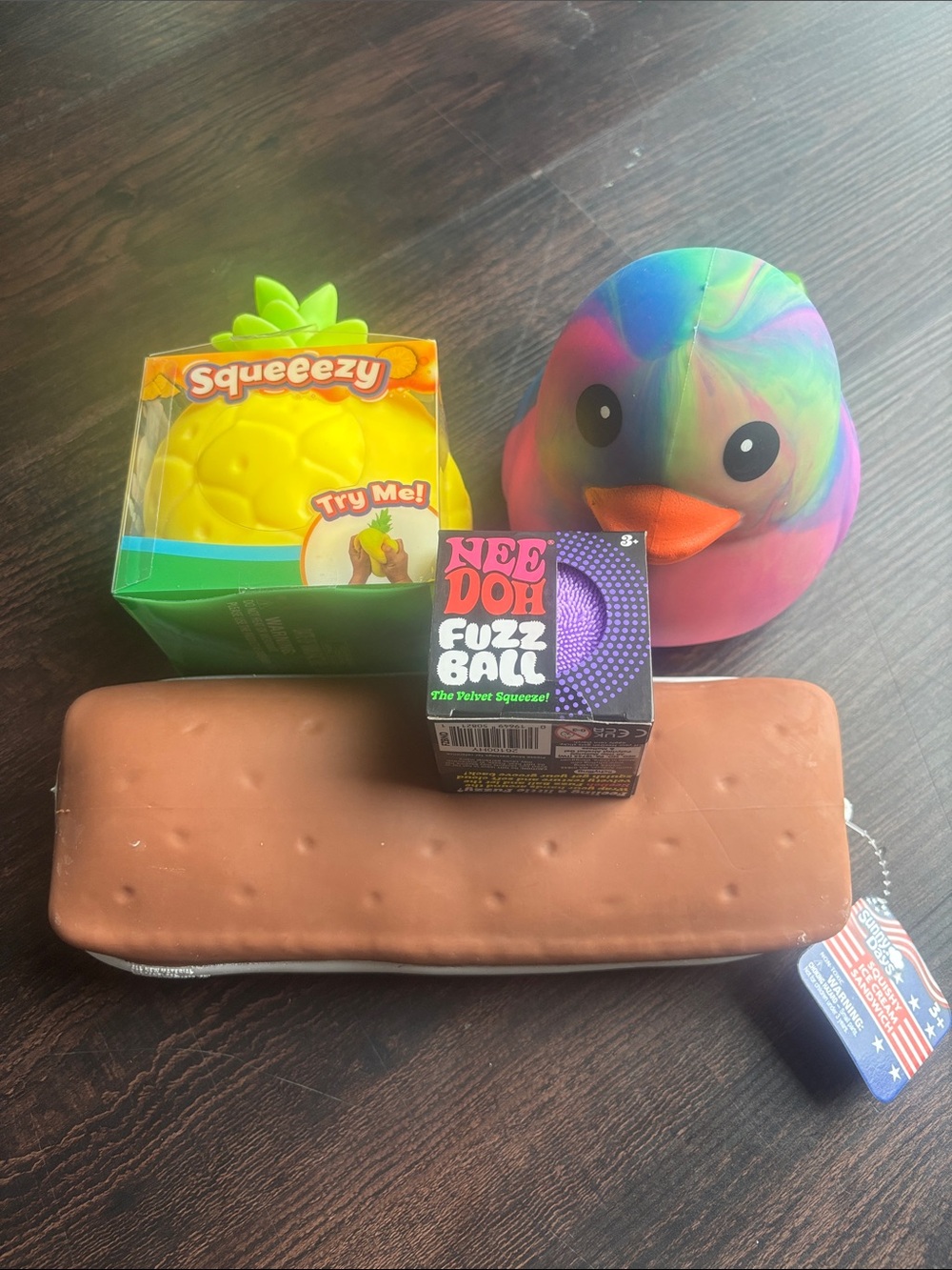 Squeeze Rainbow Tie-Dye Duck, Pineapple, Ice cream Sandwich, Needoh fuzz ball